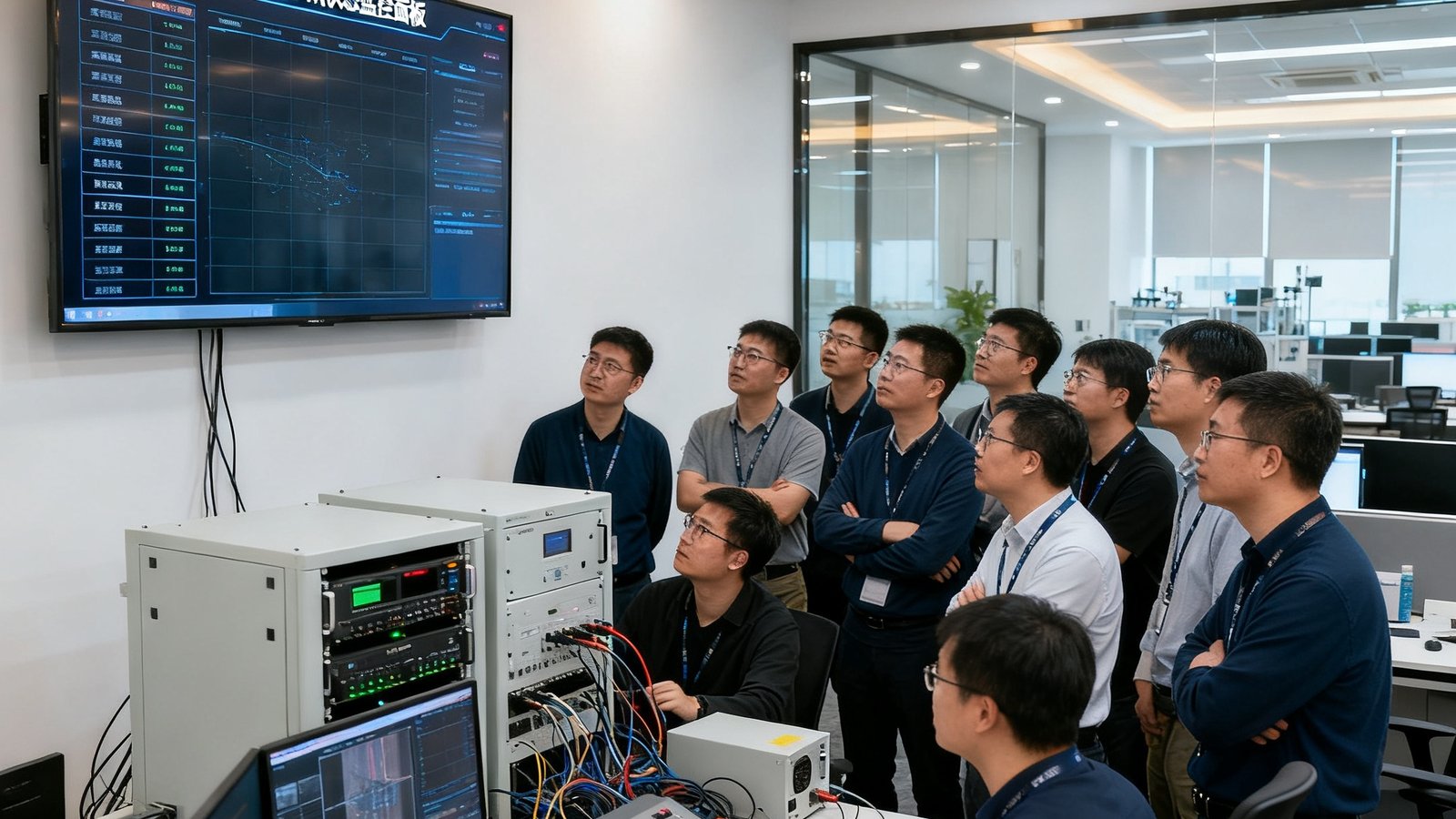 DB视讯深圳总部办公室实景：开放式研发办公区，数十位工程师在调试视讯设备，墙上大屏幕显示全球网络节点状态监控面板。