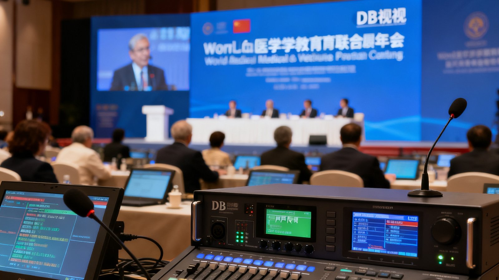 世界医学教育联合会年会现场，DB视讯部署的同声传译视讯系统支持多语种通道。