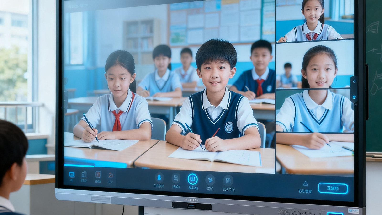 智慧校园互动课堂：教室内配备多点触控大屏与智能摄像头，远端学生通过分屏画面参与课堂互动。